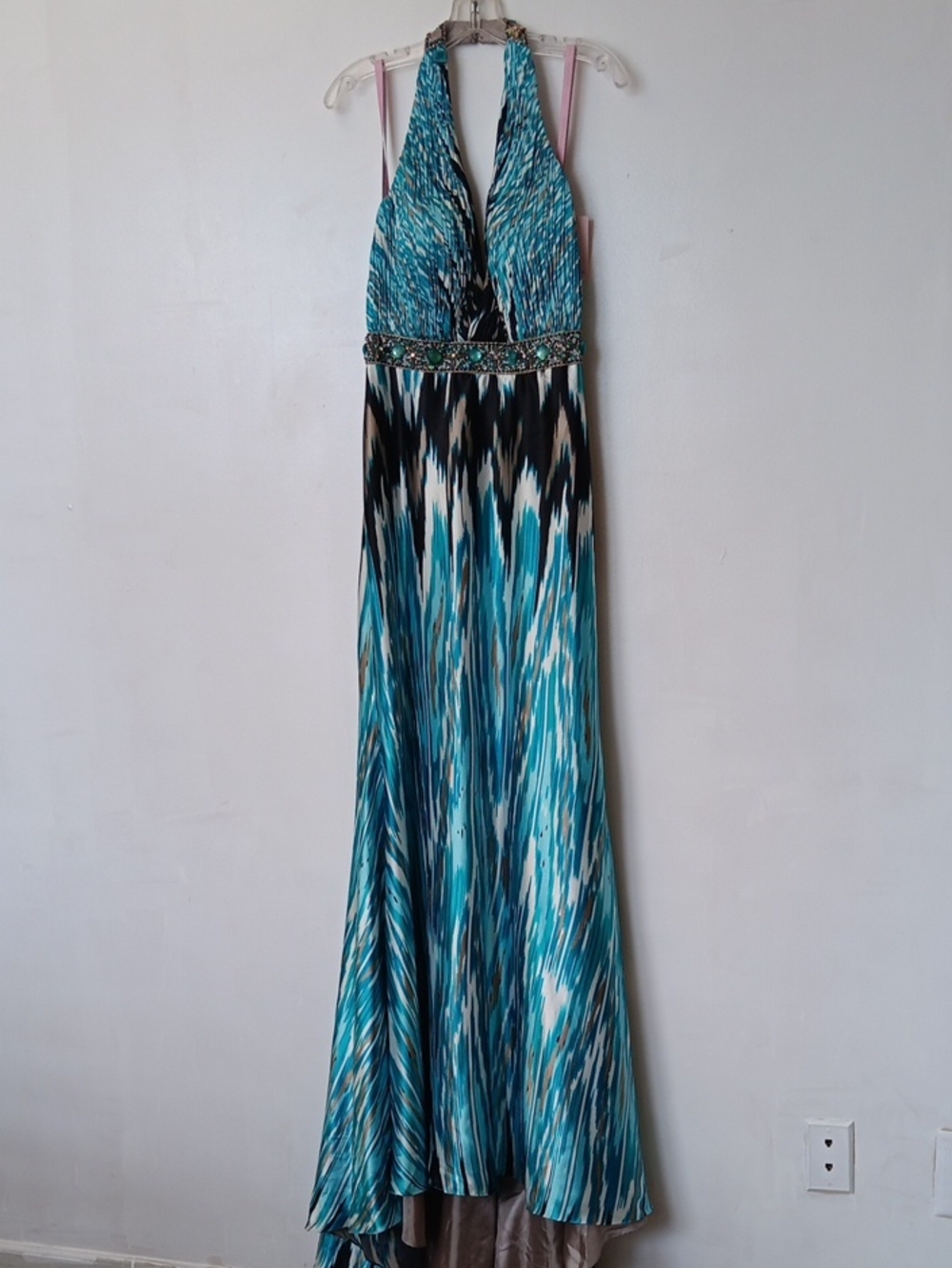 Beaded Teal Halter Maxi Dress